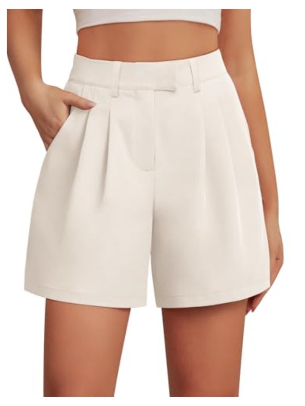 Women's Bermuda Shorts High Waisted Pleated Elastic Waist with Pockets
